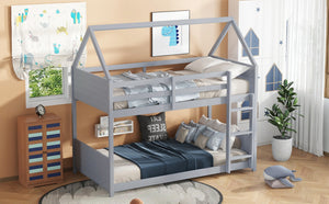 English Elm Twin Over Twin House Floor Bunk Bed With Safety Guardrails, Ladder & Playful Grey Design For Kids W504P314948-GIGA