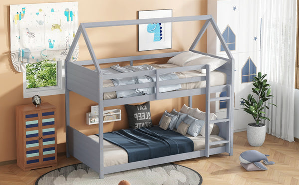 English Elm Twin Over Twin House Floor Bunk Bed With Safety Guardrails, Ladder & Playful Grey Design For Kids W504P314948-GIGA