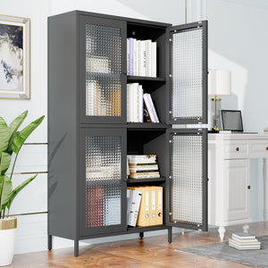 English Elm Classic Metal Storage Cabinet - Elegant Display Case With 4 Glass Doors & Adjustable Shelves For Home W2378P176270