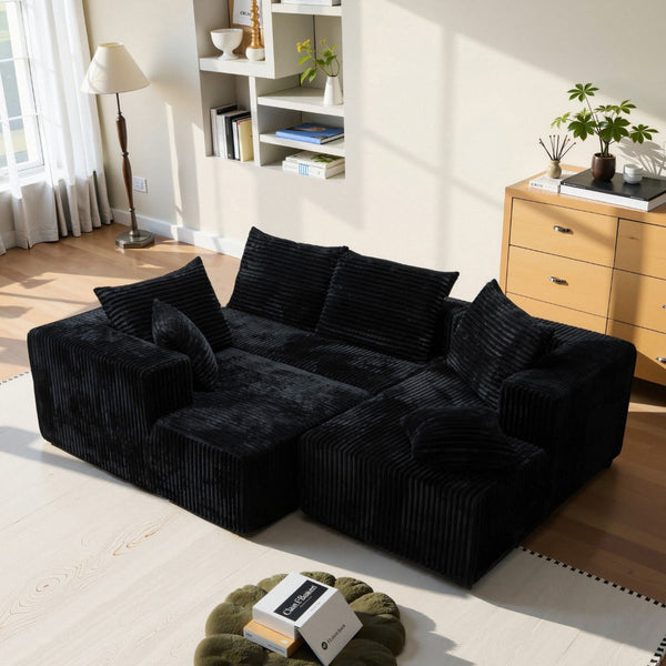 English Elm U-shaped Modular Corduroy Sectional Sofa Low Profile Design for Spacious Living Rooms Black W3653S00004