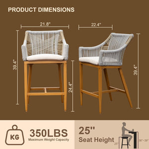 English Elm Bar Stools Set Of 2 - Modern Boho Style Counter Height Chairs With Cushions For Patio & Kitchen W1859P197308