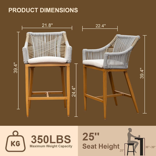 English Elm Bar Stools Set Of 2 - Modern Boho Style Counter Height Chairs With Cushions For Patio & Kitchen W1859P197308