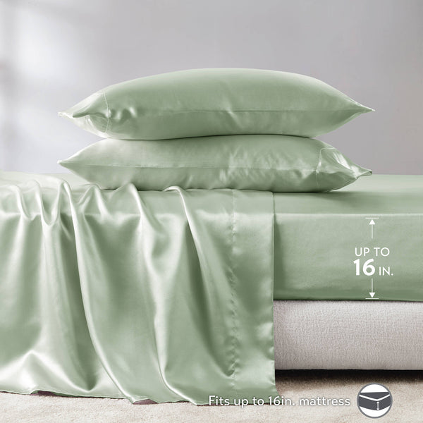 English Elm Satin Split King Sheet Set Luxury 100% Polyester Satin 90g Smooth Soft Deep Pocket Bedding Sage 11.81 L x 9.84 W x 3.54 H B035P294187