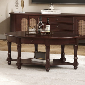 English Elm Vintage Oval Coffee Table With Drawer And Open Shelves, French Country Style Accent Table In Walnut N735P277388D-GIGA