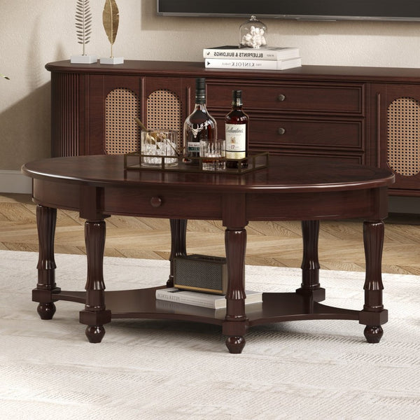 English Elm Vintage Oval Coffee Table With Drawer And Open Shelves, French Country Style Accent Table In Walnut N735P277388D-GIGA