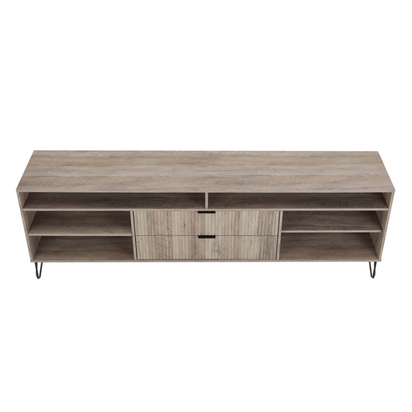 English Elm Dumbo 85" Fluted TV Stand with Gold Legs, 2 Drawers & 6 Shelves, Wire Management, Easy Snap Assembly Grey B365P397926