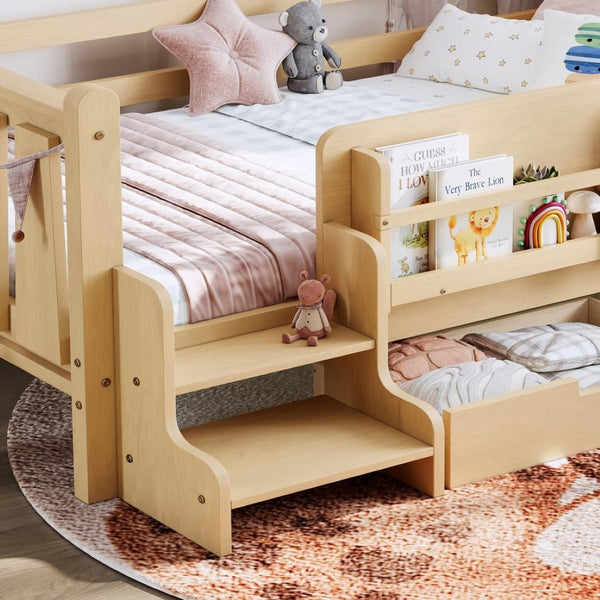English Elm Twin Pine Floor Bed with Guardrails Built-in Bookcases and Stair Steps for Kids Light Natural W1580P430201