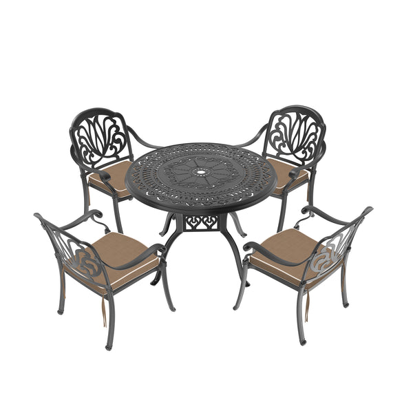 English Elm 5-Piece Cast Aluminum Patio Furniture Set With Comfortable Brown Cushions For Outdoor Dining Fun W1710S00062