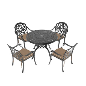 English Elm 5-piece Cast Aluminum Outdoor Dining Set with Carved Relief Chairs and Cushioned Seats W1710S00546