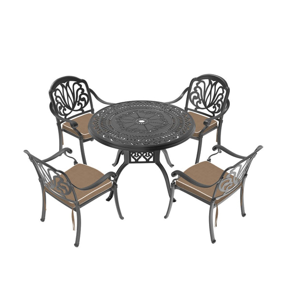 English Elm 5-piece Cast Aluminum Outdoor Dining Set with Carved Relief Chairs and Cushioned Seats W1710S00546