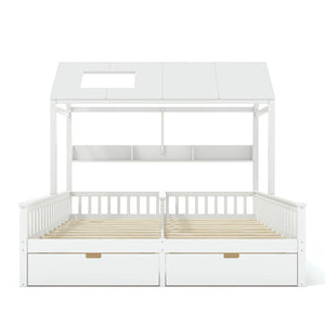 English Elm Double Twin House Bed Pine Wood Frame Kids Playhouse Bunk with Storage Drawers White W5305S00006