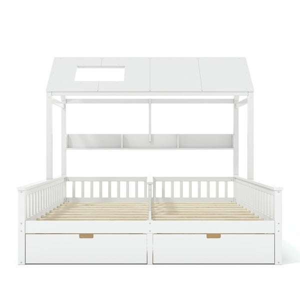 English Elm Double Twin House Bed Pine Wood Frame Kids Playhouse Bunk with Storage Drawers White W5305S00006