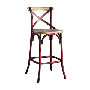 English Elm Antique Red and Antique Oak Bar Stool With Cross Back