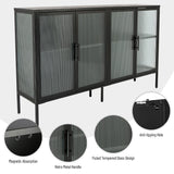 English Elm Stylish 4-Door Tempered Glass Cabinet With 4 Glass Doors Adjustable Shelf and Feet Anti-Tip Dust-Free Fluted Glass Kitchen Credenza Black