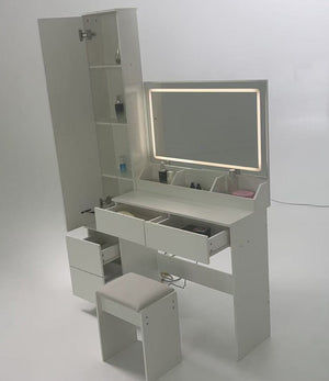 English Elm Full Bedroom Vanity Set with Led Round Mirror Touch Lighting Stool and Cabinet Storage White W3258S00007