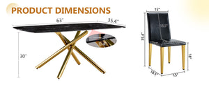 English Elm Table and Chair Set Marble Tempered Glass Top Golden Fork Base with Four Pu Seats Black+Gold W1151S04781