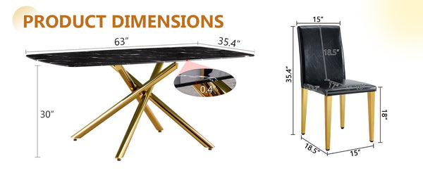 English Elm Table and Chair Set Marble Tempered Glass Top Golden Fork Base with Four Pu Seats Black+Gold W1151S04781