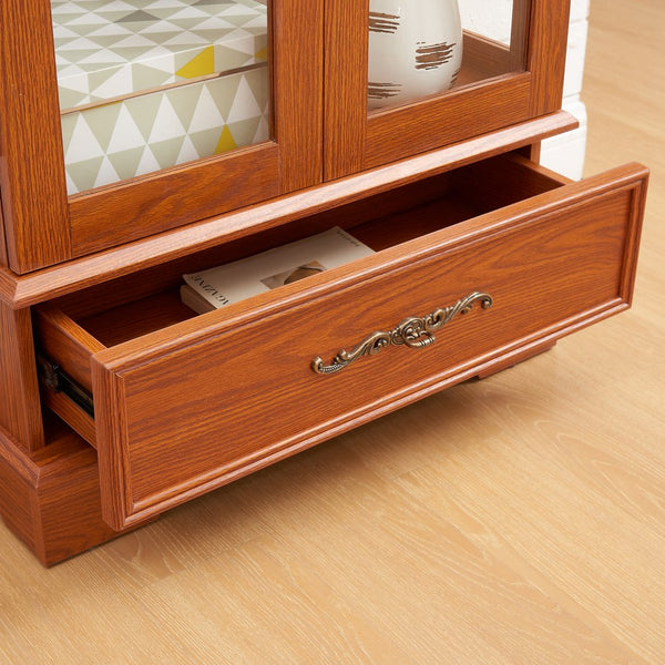 English Elm Glass Lighted Curio Cabinet DARK OAK with Adjustable Glass Shelves, Vintage Handles, Bulb Included W2275P295883