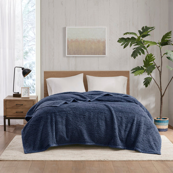JLA Home Woolrich - Berber Plush Woolrich Burlington Blanket with OEKO-TEX Soft Berber Texture and Velvet Binding for Cozy, Safe Comfort Navy WR51-2547