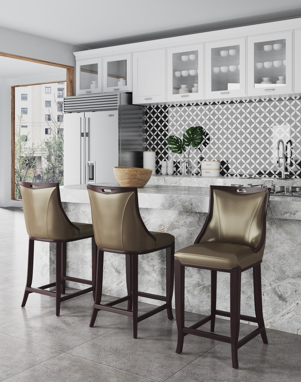 English Elm Emperor Solid Beech Wood Upholstered Barstool with Faux Leather, Foam Cushion & Footrest, 27" Seat Height Bronze B365P398052