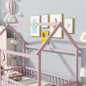 English Elm Twin Size House Floor Bed With Charming Roof Frame, Safety Guardrails & Soft Pink Finish For Kids W504P286405-GIGA