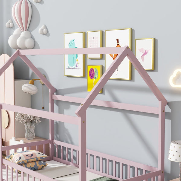 English Elm Twin Size House Floor Bed With Charming Roof Frame, Safety Guardrails & Soft Pink Finish For Kids W504P286405-GIGA