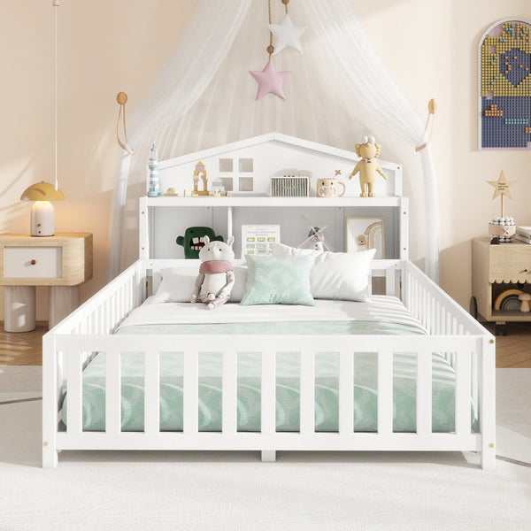 English Elm Full-size Montessori Floor Bed with Built-In Bookcase and Chalkboard, Space-Saving Solid Wood Platform for Kids White 56.3 L x 17.32 W x 5.31 H W1716S00012