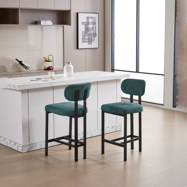 English Elm Bar Stools Set of 2 Upholstered Fabric Seat with Foam Cushion Black Metal Legs W3244P310204