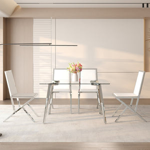 English Elm Table and Chair Set Tempered Glass Top with Silver Metal Legs Modern Luxury Dining for Four Transparent,White+Silver W1151S04788