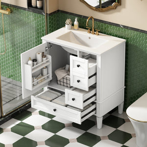 English Elm 30 30 Inch Bathroom Vanity with Ceramic Sink, Modern Compact 3-Drawer Storage Cabinet for Small Baths White N710P247499K