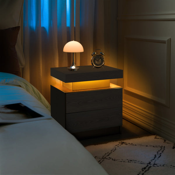 English Elm Nightstand with Multi-Color Adjustable LED Lights and Two Drawers for Bedroom or Living Room Use Black Woodgrain 22.83 L x 16.93 W x 7.68 H W2178P287898
