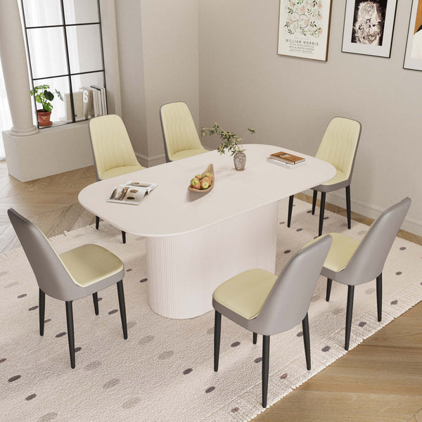 English Elm 63" Contemporary Medieval Modern 7-Piece Dining Table & 6 Pu Chair Set - Stylish, Durable, Versatile! W2189S00700