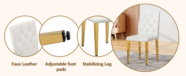 English Elm 4-pack PU dining chairs with ergonomic buckle backrest, high-density sponge seat, gold metal legs elegant luxury White+Gold W1151P295709