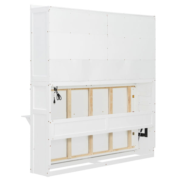 English Elm Twin Murphy Bed with Rattan Cabinet Doors Led Lighting and Usb Charging for Small Spaces White LP000740AAK