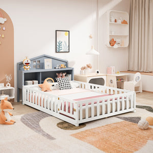 English Elm Headboard Storage Cabinet for Full-Size Montessori Floor Bed with Built-In Shelves and Easy Mounting Grey 56.3 L x 17.32 W x 5.31 H W1716P181578