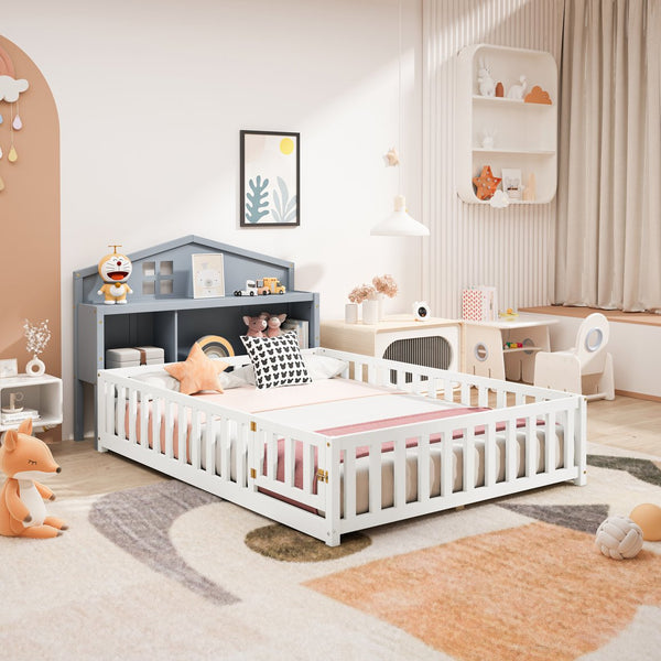 English Elm Headboard Storage Cabinet for Full-Size Montessori Floor Bed with Built-In Shelves and Easy Mounting Grey 56.3 L x 17.32 W x 5.31 H W1716P181578