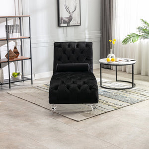 English Elm Velvet Curved Chaise Lounge Sofa with Button-Tufted Back, Thick Foam Cushion & Acrylic Legs for Living Room Comfort Black W39538681
