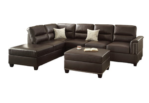 English Elm New Contemporary 3-PCS Reversible Sectional Sofa Set Espresso Faux Leather Chaise Ottoman Pillows Trimmed Studs B011S01062