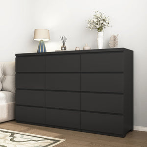 English Elm 12 Drawer Wide Double Dresser Modern Symmetrical Wood Storage Chest for Bedroom Black W409S00016