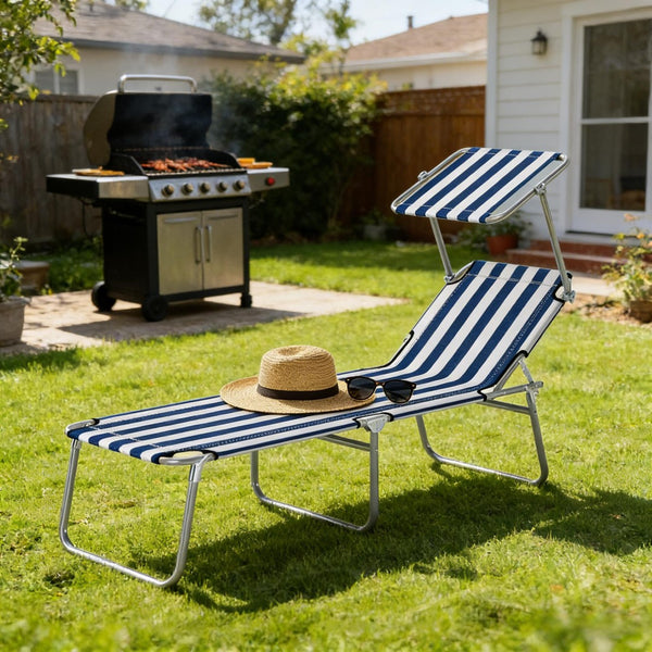 English Elm Portable Folding Outdoor Chaise Lounge with Sun Awning Oxford Cloth Steel Frame T3971P476859