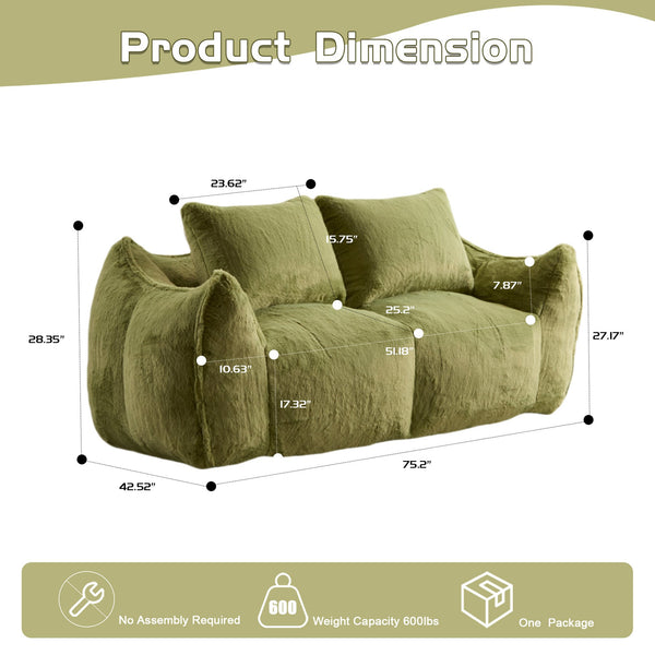 English Elm Giant Ultra Soft Fluffy Loveseat Bean Bag Sofa for Adults, Oversized Shredded Foam Couch with Pillows Green W3723P353897