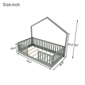 English Elm Twin Montessori Floor Bed House Frame with Led Lighting and Safety Rails for Kids Grey W2593P440597