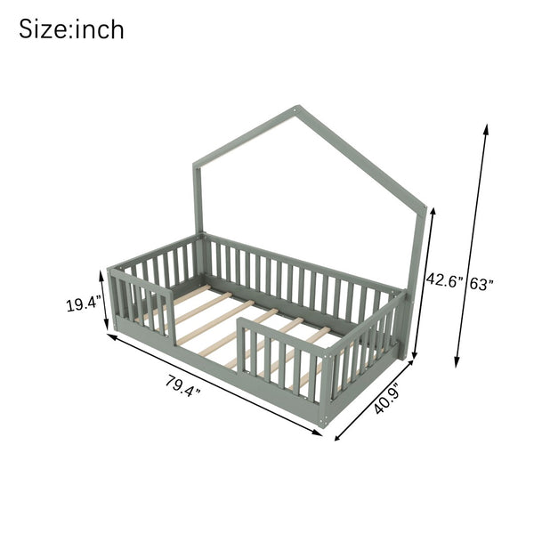English Elm Twin Montessori Floor Bed House Frame with Led Lighting and Safety Rails for Kids Grey W2593P440597