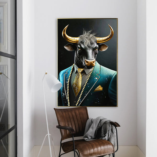 English Elm Executive Blue Buffalo Canvas Wall Art - Dapper Green Portrait in Tailored Suit, Premium Gallery Wrap for Office, Home, Study Decor W3374P322228