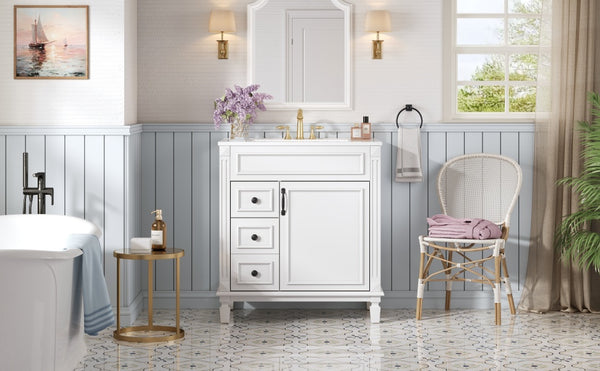 English Elm 30" French-Inspired Bathroom Vanity With Ceramic Sink & Dual Drawers - Elegant Storage Solution! N710P323328K