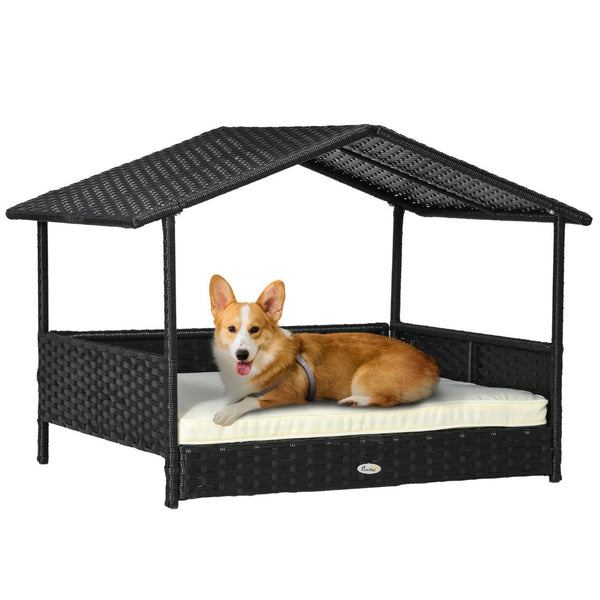 English Elm Pawhut Rattan Canopy Pet Bed Outdoor Wicker Frame with Cushion for Small Dogs W2225P173752