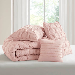 JLA Home Comfort Spaces - Diamond Ruched Ogee Pleat Comforter Set — Crinkle Texture, OEKO‑TEX Certified, Lightweight All‑Season Cozy Elegance Pink AM10-0533