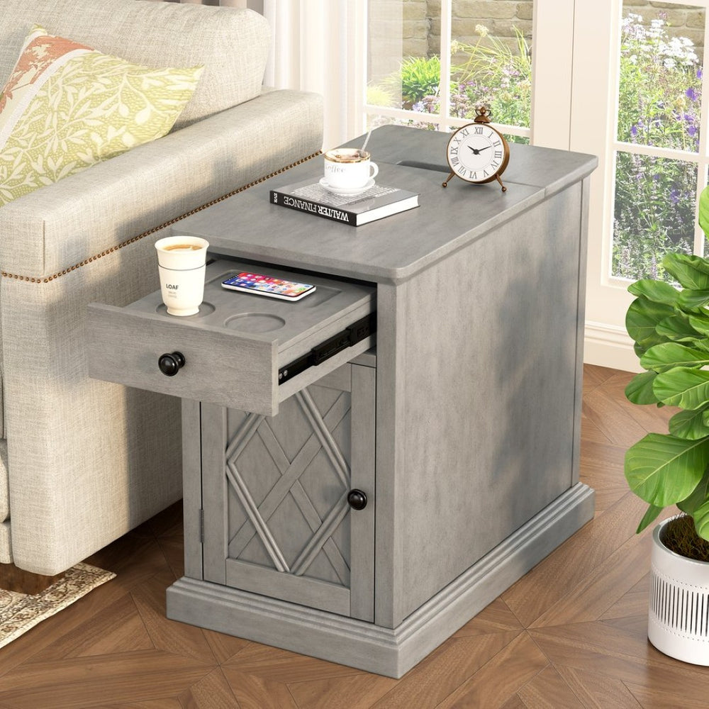 English Elm U-can Acacia Wood End Table with Usb Charging Station Drawer and Cabinet Storage Antique Gray N724P353565E
