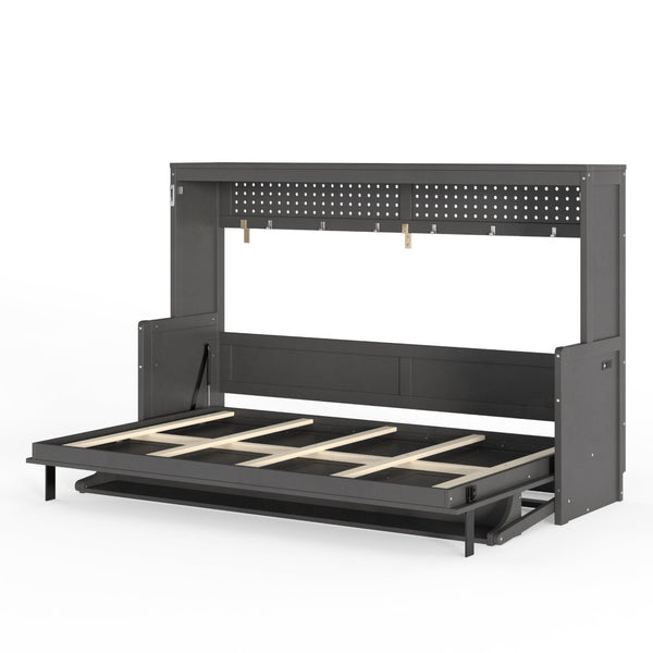 English Elm Full Murphy Bed with Fold Down Desk Led Lighting and Usb Port for Studio Spaces Dark Gray W1580S00455