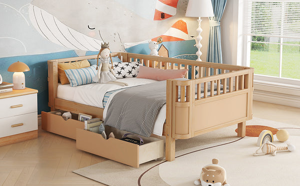 English Elm Twin Solid Wood Platform Bed with Guardrail for Kids, Low-Profile Sturdy Pine Frame, Safe Sleep Solution Natural 69.69 L x 18.5 W x 7.68 H W2593P331680